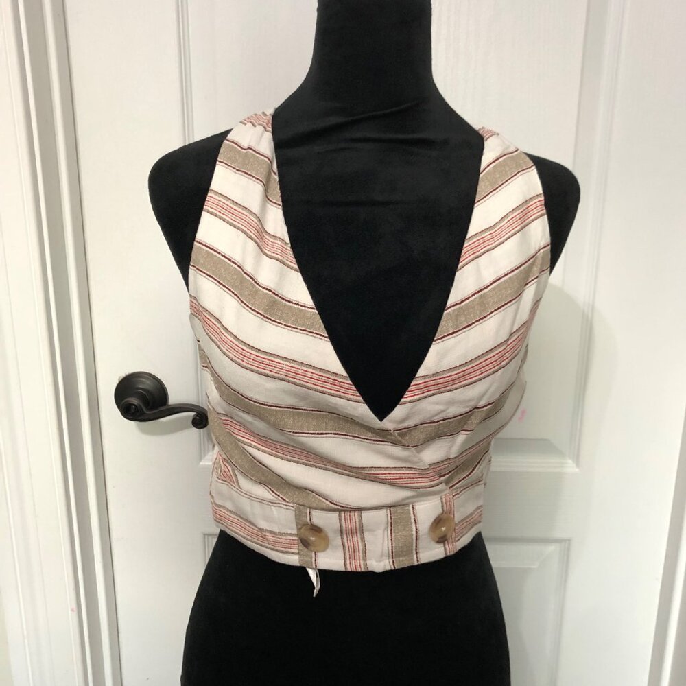 B.O.G Collective Striped Halter Wrap Crop Top Egret Beige Red WH526133 Small NEW